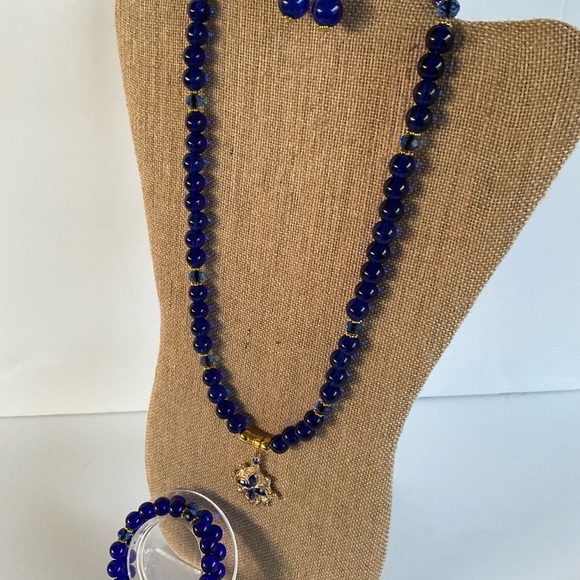 Hand Crafted Pendant Necklace Wrap Bracelet Pierced Earrings Royal Blue Beads - Picture 8 of 16